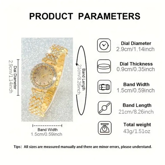 2 Piece: Gold Tone Stainless Steel Rhinestone Watch w/Rhinestone Bracelet, NIP - Picture 3 of 6